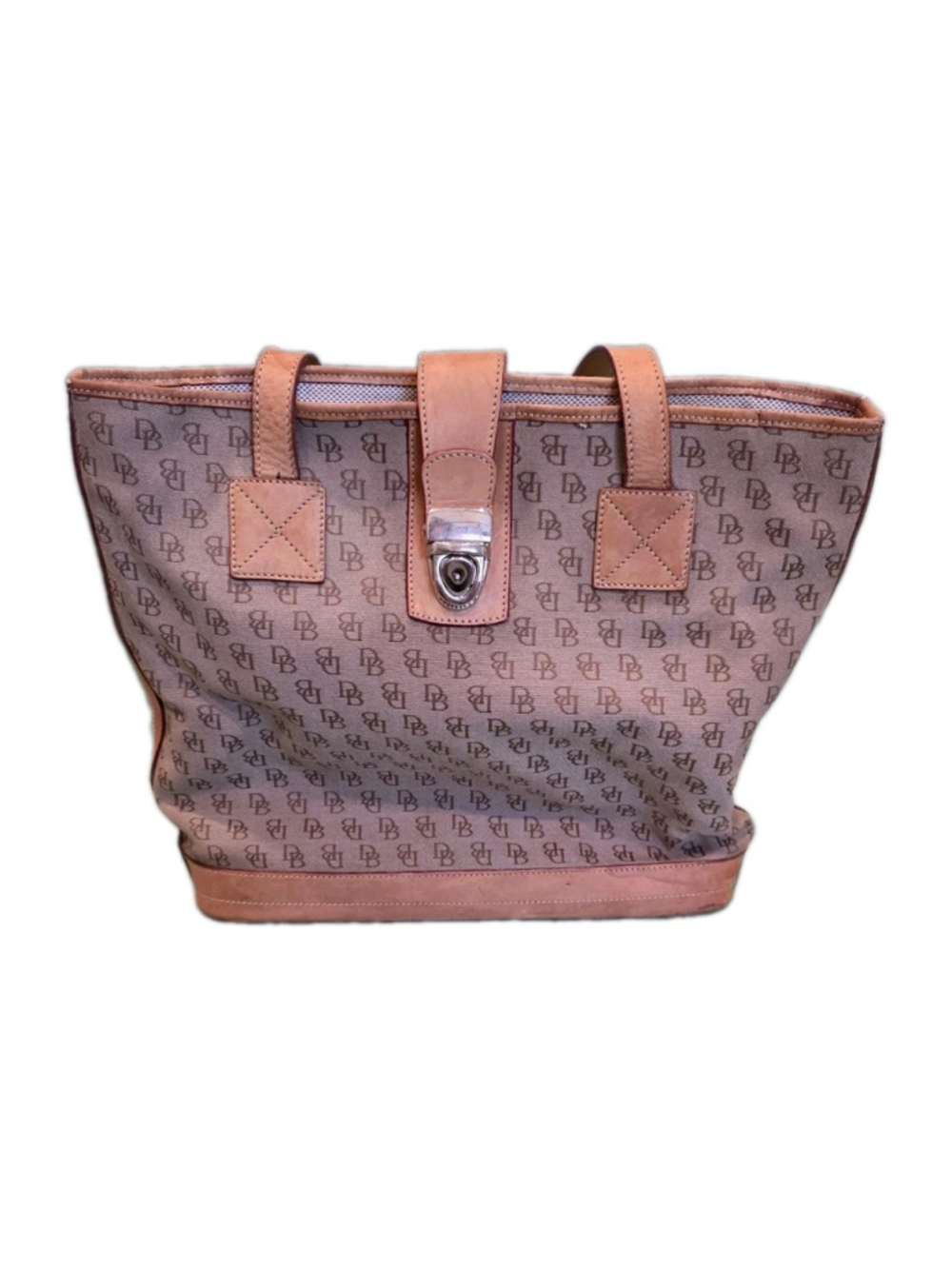 Dooney & Bourke Signature DB Monogram Tote Bag Tan Leather Y2K Shoulder Purse Md